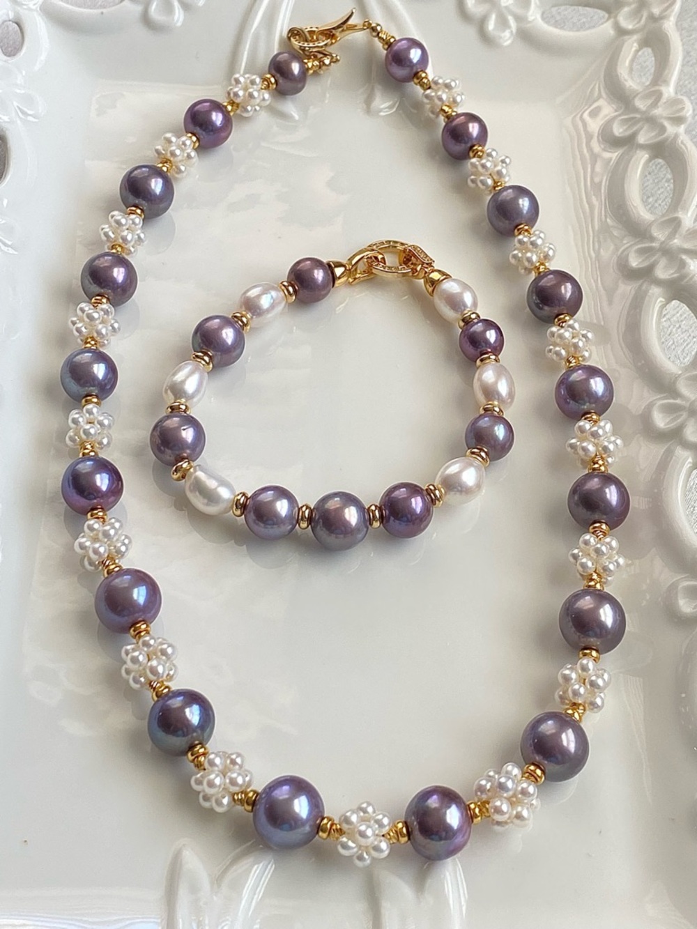 S67-Premium Handmade Blueberry Purple Round Edison Pearl Necklace Bracelet Set